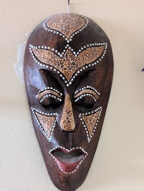 Hand-Carved Decorative Tribal Mask - Brown & Gold Accents